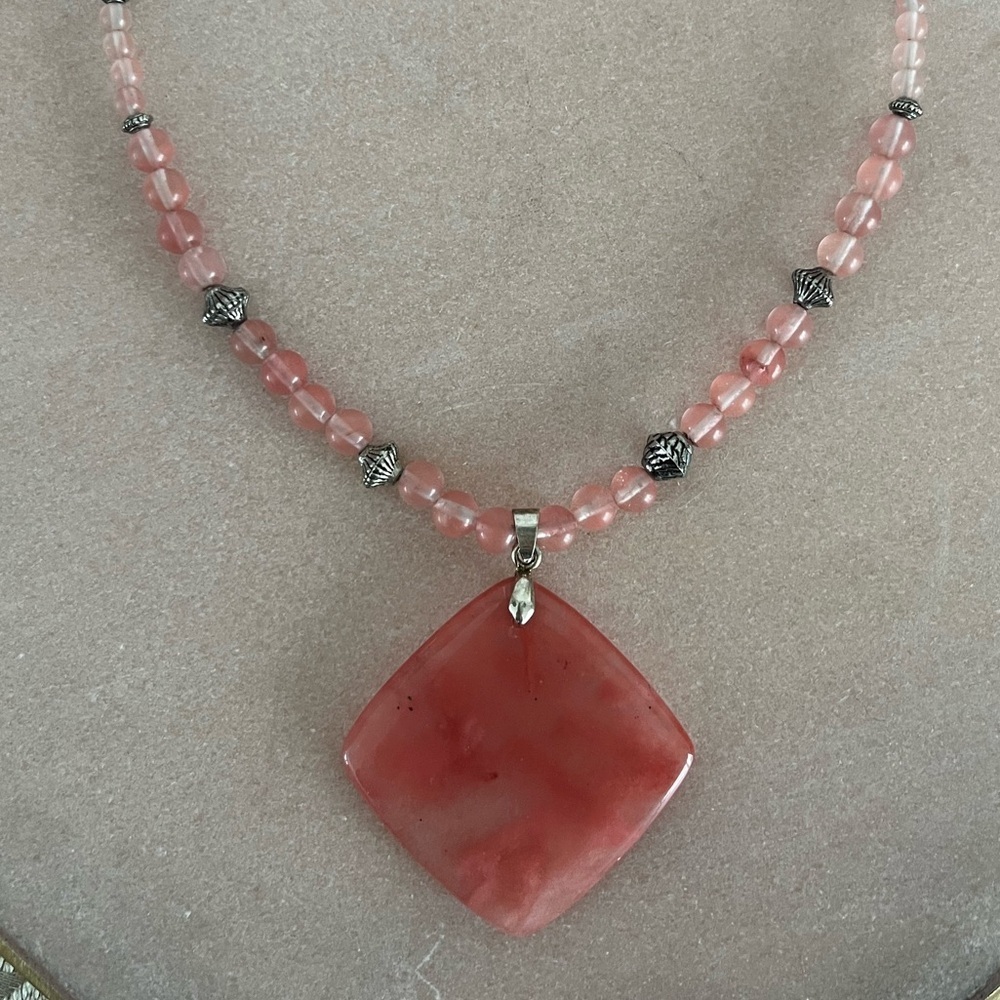 Strawberry Quartz Beaded Necklace with Silver Accents and Square Pendant - Picture 2 of 5